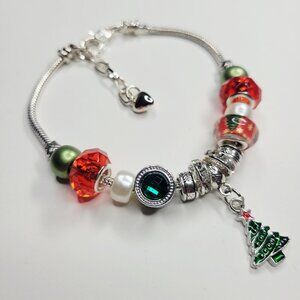 NWT Pandora Style Charm Bracelet Christmas Tree Green Red Silver Beads Star – XL